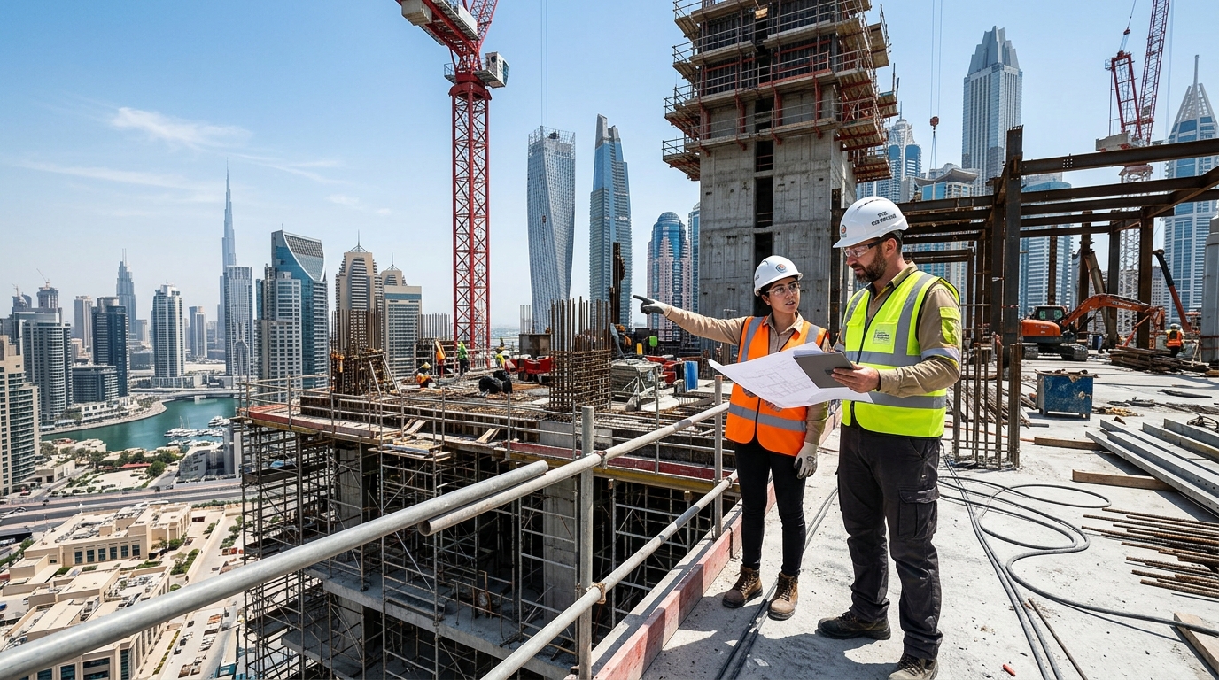 Dubai construction site with professional workers inspecting blueprint
