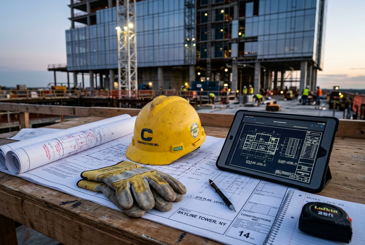 Construction planning desk with blueprint and helmet