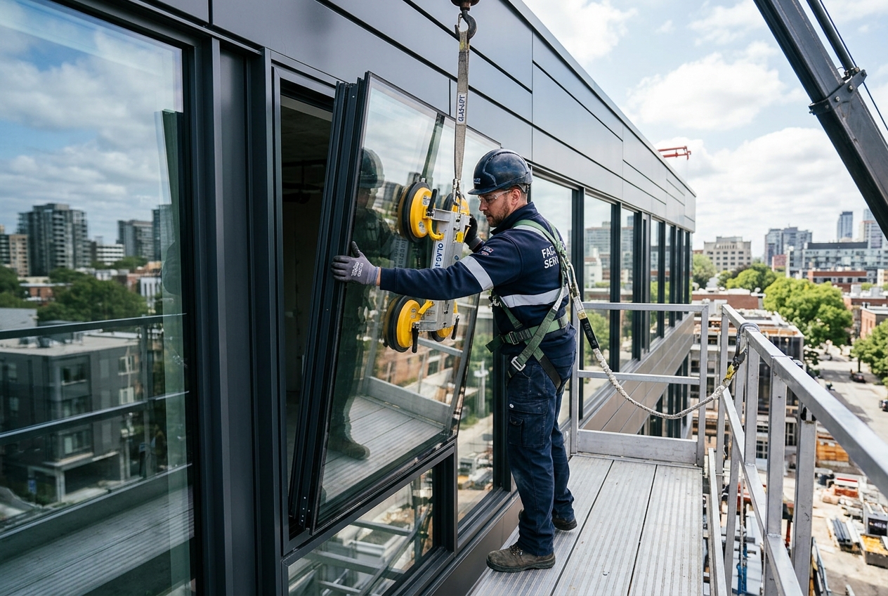 Technician installing structural glass panels