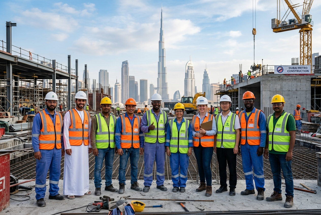 Construction workers standing at Dubai project site